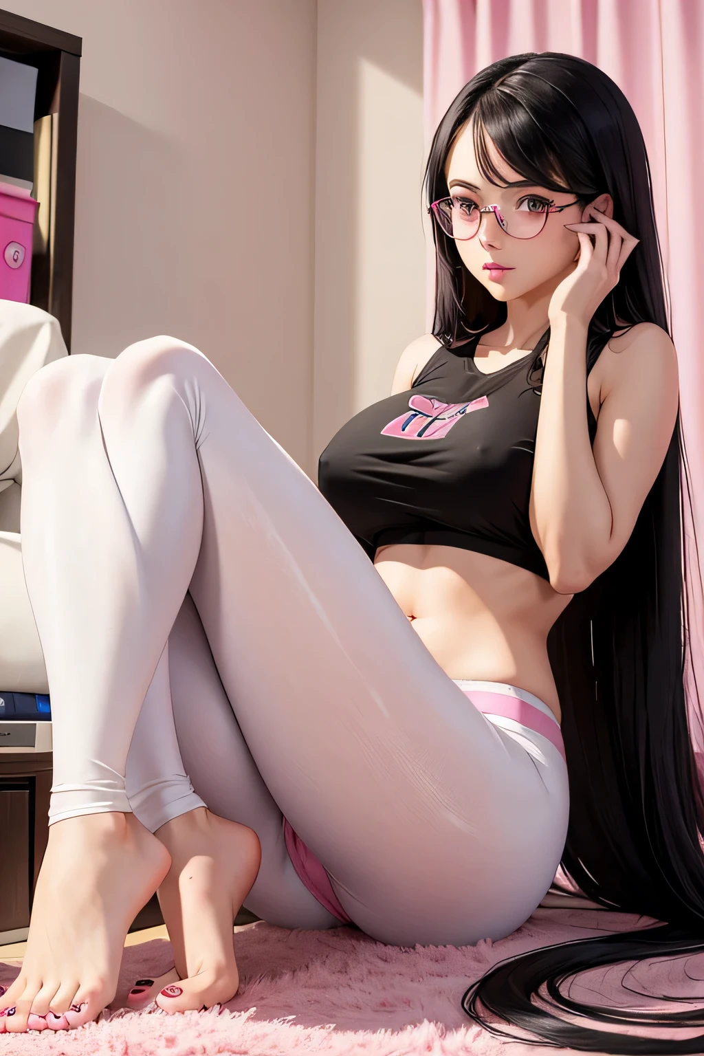 basic white girl , long black hair and slim but thick body and big DDD cup size breast wearing crop top and leggings barefoot in a pink college dorm room with black square frame glasses on, dirt on feet, pink nail polish on toes. nipples