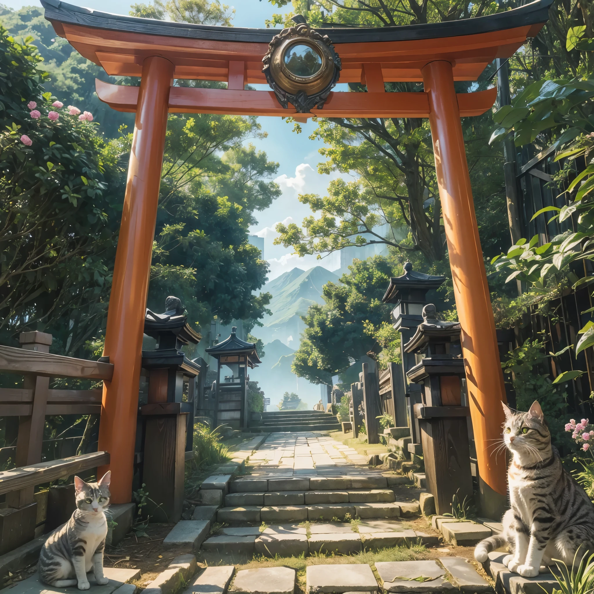 Cat sitting, Ultra Realistic, Ultra Detailing, Japanese landscape, Hyper Realistic, 8k, 4k ultra hd.