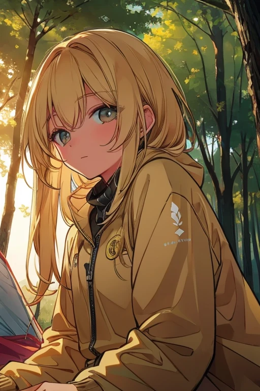 A golden haired female angel with hazel eyes is camping in the forest