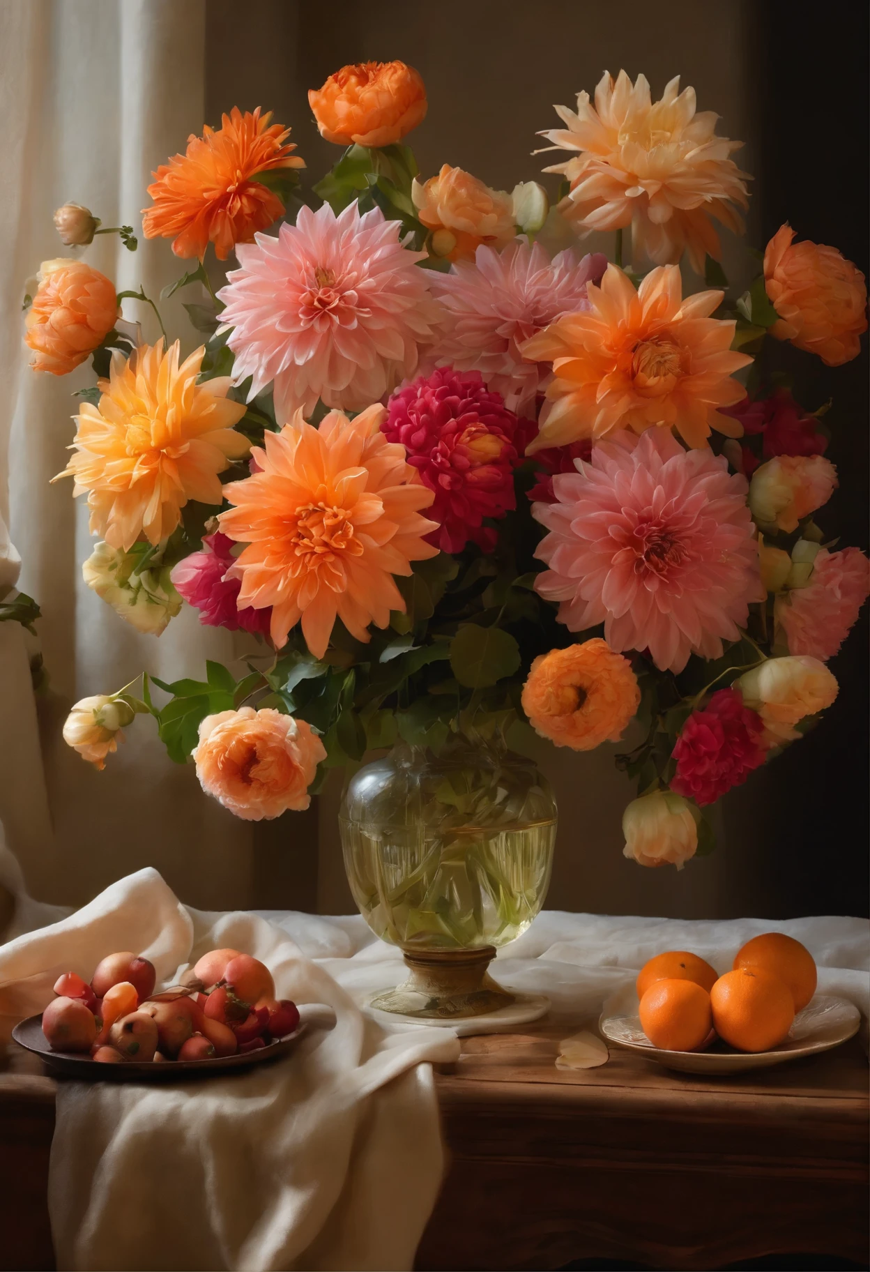 There is a vase on the table，There are flowers and oranges on it, Pastels inspired by François Boquet, No splashing, Baroque, Magnificent composition, dahlia flower, paper chrysanthemums, floating bouquet, magical flowers, Realistic flower oil painting, Soft and complex, brilliant composition, the platonic ideal of flowers, beautiful composition, Still Life Photography, pink flowers