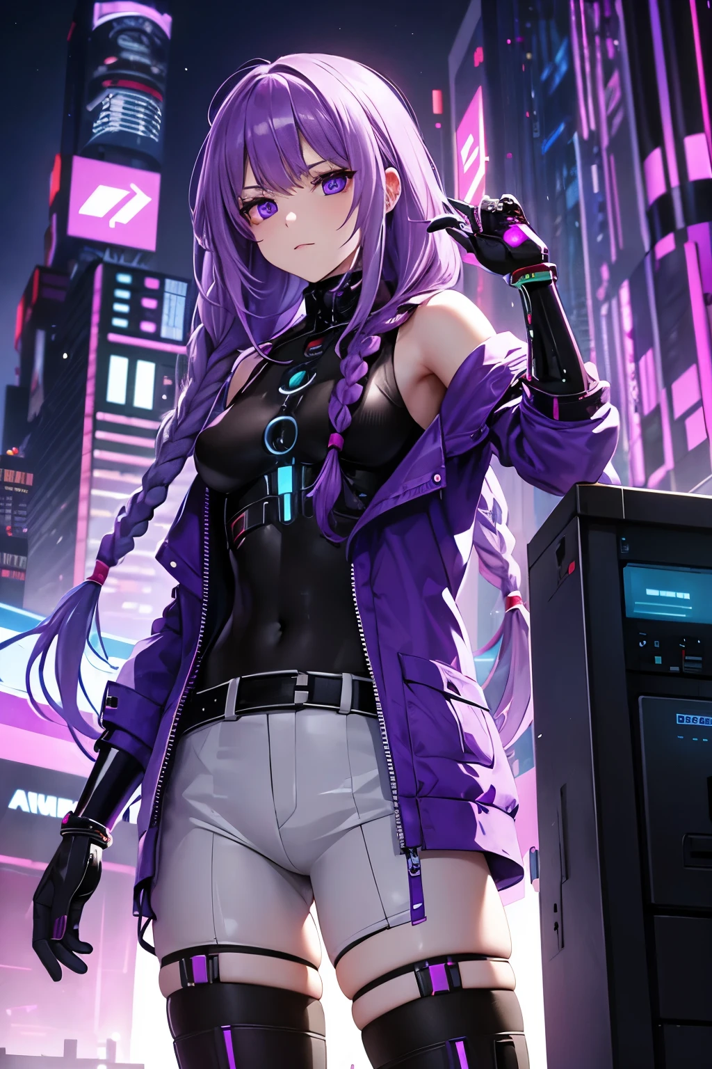 data broker man with violet dreadlocks and soft white eyes in cyberpunk fashion and with a chromed cybernetic arm