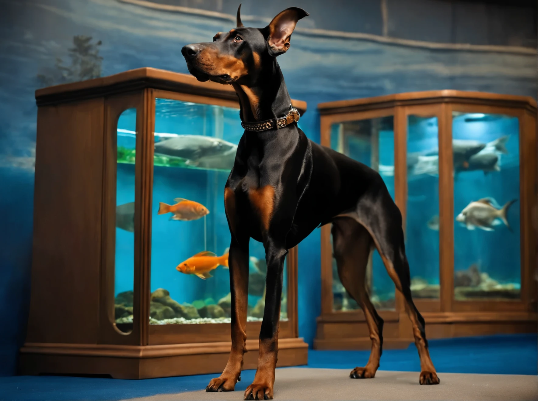 european doberman dog, dog show, standing, at a dog show, perspective, 3/4ths view, realistic proportions, real dog, full body, aquarium with fish, ((aquarium background)), blue background