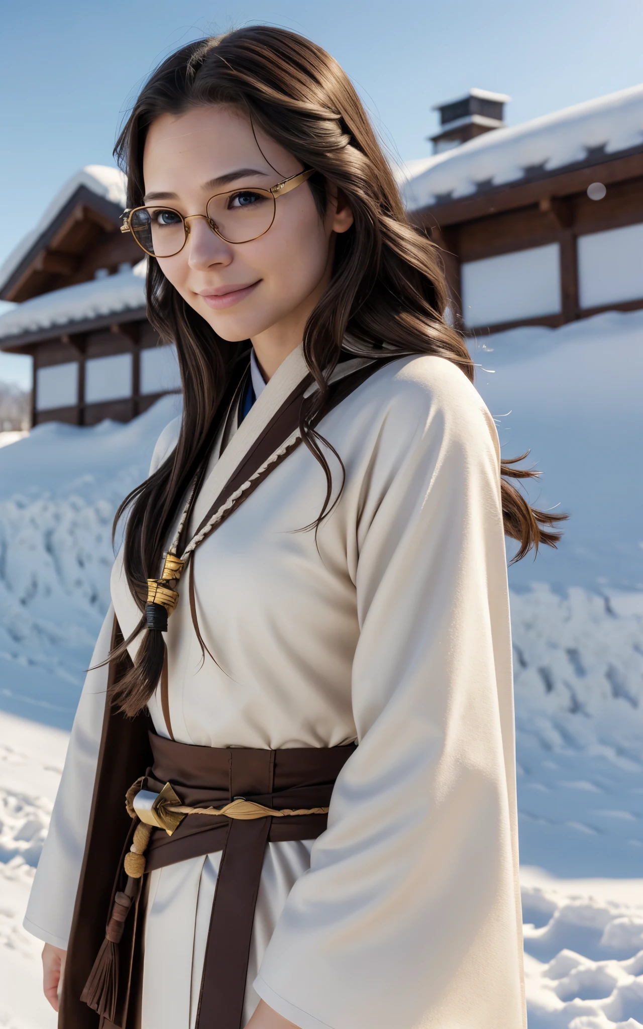Young ainu woman with the face of (Gal Gadot:Evangeline Lilly), (looking at viewer, light smile, ), brown hair, brown eyes, long hair, hair_flying, Fluttering hair, flying_hair, ((Transparent glasses, glasses, glasses_on_nose)), ((traditional ainu clothes)), sexy, charming, stunning, enhance, delicate, (pale skin, real_skin), sunlight, Winter, snow, Hokkaido, outdoor, best quality, high quality, highres, 8k, photo realistic.