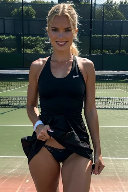 A captivating ((masterpiece)) captures the essence of a stunning, ((blond hair)) girl, ((Norway girl)), on a tennis court. In this enchanting portrait, she stands gracefully, radiating elegance and athleticism. Her flawless physique is accentuated by her tennis dress, which gently drapes over her ((perfect breasts)). A mischievous coy smile plays on her lips and adds an air of allure to the scene. Each detail is meticulously depicted in this breathtaking painting, showcasing the full-length image of the girl, her skirt revealing panties discreetly hidden beneath. The meticulous brushwork and bring this striking artwork to life, immersing viewers in the extraordinary beauty and skill of the tennis player, ((tennis court)), (coy smile), skirtlift, ((tennis dress)), panties under skirt, cement court, tennis court, ((cloudy day)), ((cloudy)), ((night time)), (((Gloom))), (((Dimness))), (((Dullness))), Murk, Shadowiness, Shadows, Shade, Tenebrosity, (((Lightlessness))), (((dark))), (((dark day))), (((night))), (((cloudy weather:1.3)), beautiful,