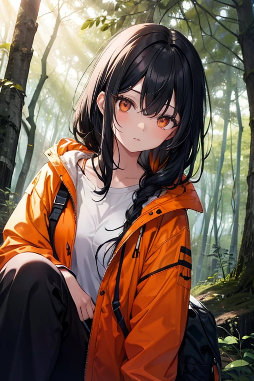 A black haired woman with orange eyes is camping in the forest