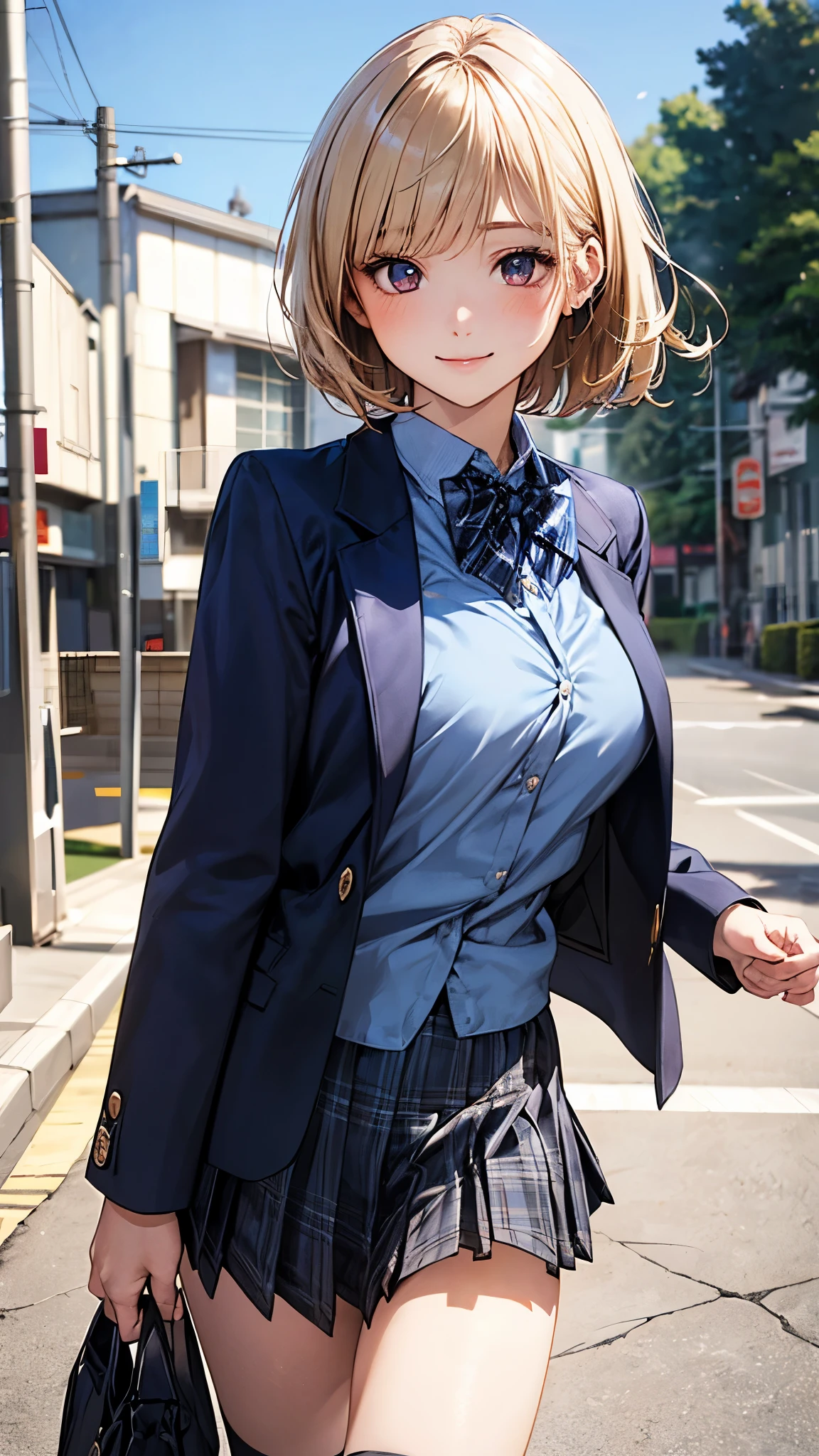 (masterpiece:1.2, top-quality), (realistic, photorealistic:1.4), beautiful illustration, (natural side lighting, movie lighting), nsfw,
looking at viewer, cowboy shot, front view:0.6, 1 girl, japanese, high school girl, perfect face, cute and symmetrical face, shiny skin,
(short hair:1.5, pixie cut:1.4, blond hair), bangs pinned back, red eyes, long eye lasher, (large breasts:0.6),
beautiful hair, beautiful face, beautiful detailed eyes, beautiful clavicle, beautiful body, beautiful chest, beautiful thigh, beautiful legs, beautiful fingers,
(((navy jacket), light blue collared shirts, navy pleated mini skirt, black socks, blue plaid bow tie)),
(beautiful scenery), evening, riverside, walking, (lovely smile, upper eyes),
