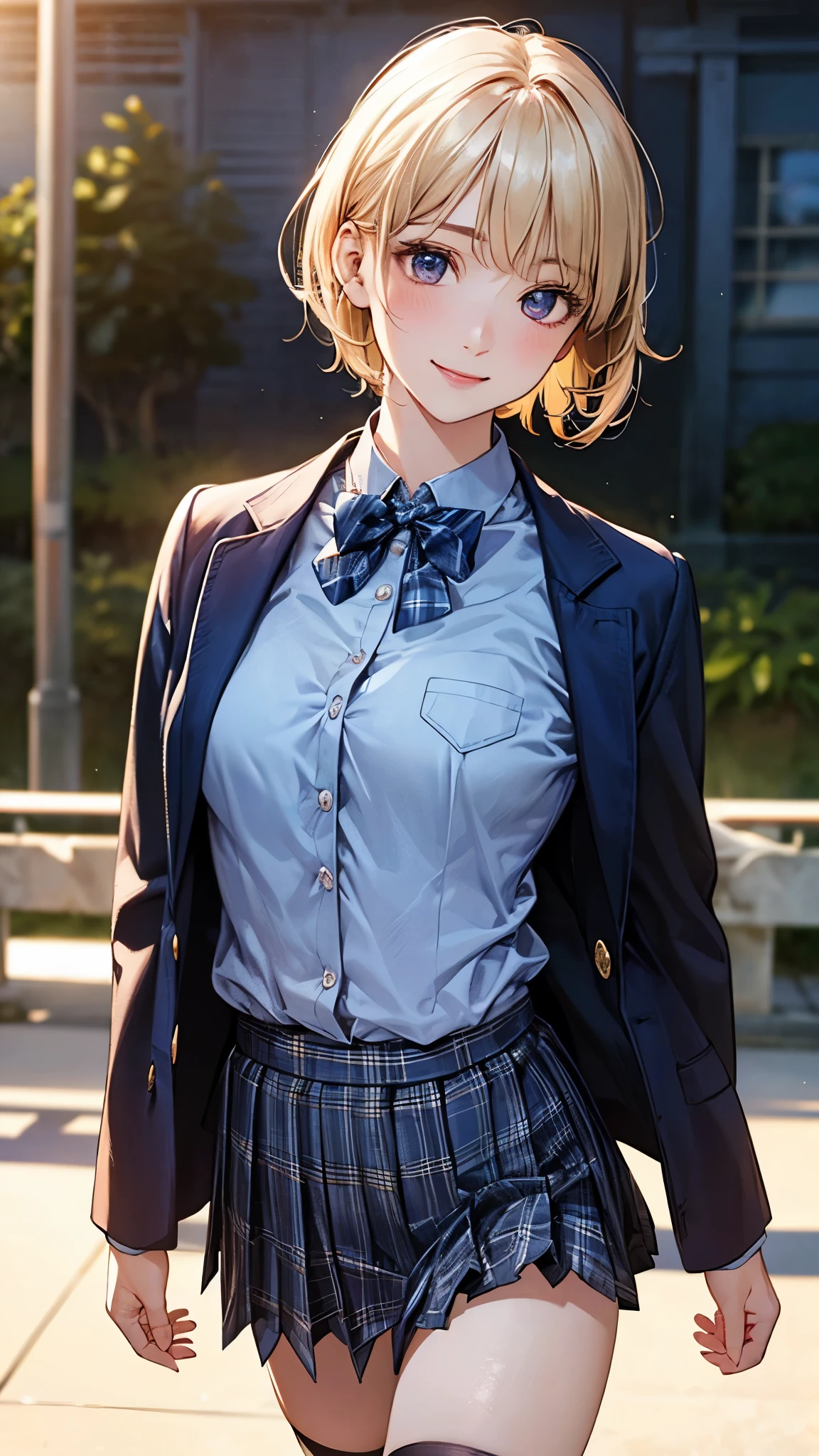 (masterpiece:1.2, top-quality), (realistic, photorealistic:1.4), beautiful illustration, (natural side lighting, movie lighting), nsfw,
looking at viewer, cowboy shot, front view:0.6, 1 girl, japanese, high school girl, perfect face, cute and symmetrical face, shiny skin,
(short hair:1.5, pixie cut:1.4, blond hair), bangs pinned back, red eyes, long eye lasher, (large breasts:0.6),
beautiful hair, beautiful face, beautiful detailed eyes, beautiful clavicle, beautiful body, beautiful chest, beautiful thigh, beautiful legs, beautiful fingers,
(((navy jacket), light blue collared shirts, navy pleated mini skirt, black socks, blue plaid bow tie)),
(beautiful scenery), evening, riverside, walking, (lovely smile, upper eyes),