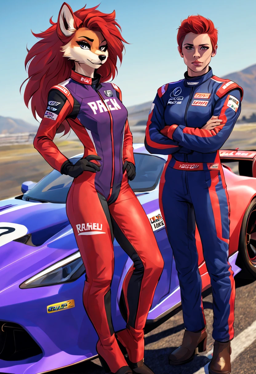 comic art style, anthropomorphic vixen, feminine, She's hairy and fluffy, she has red hair in Rachel's style, her eyes are blue and well detailed, She has a violet lower lip, she wears a purple racing driver suit with the word Genix written on the suit, she is standing next to a red race car, she is looking at the viewer.
