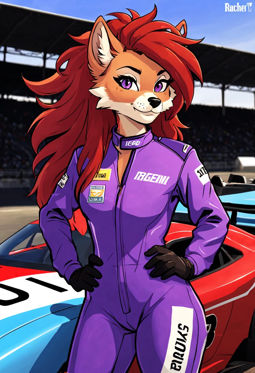 comic art style, anthropomorphic vixen, feminine, She's hairy and fluffy, she has red hair in Rachel's style, her eyes are blue and well detailed, She has a violet lower lip, she wears a purple racing driver suit with the word Genix written on the suit, she is standing next to a red race car, she is looking at the viewer.
