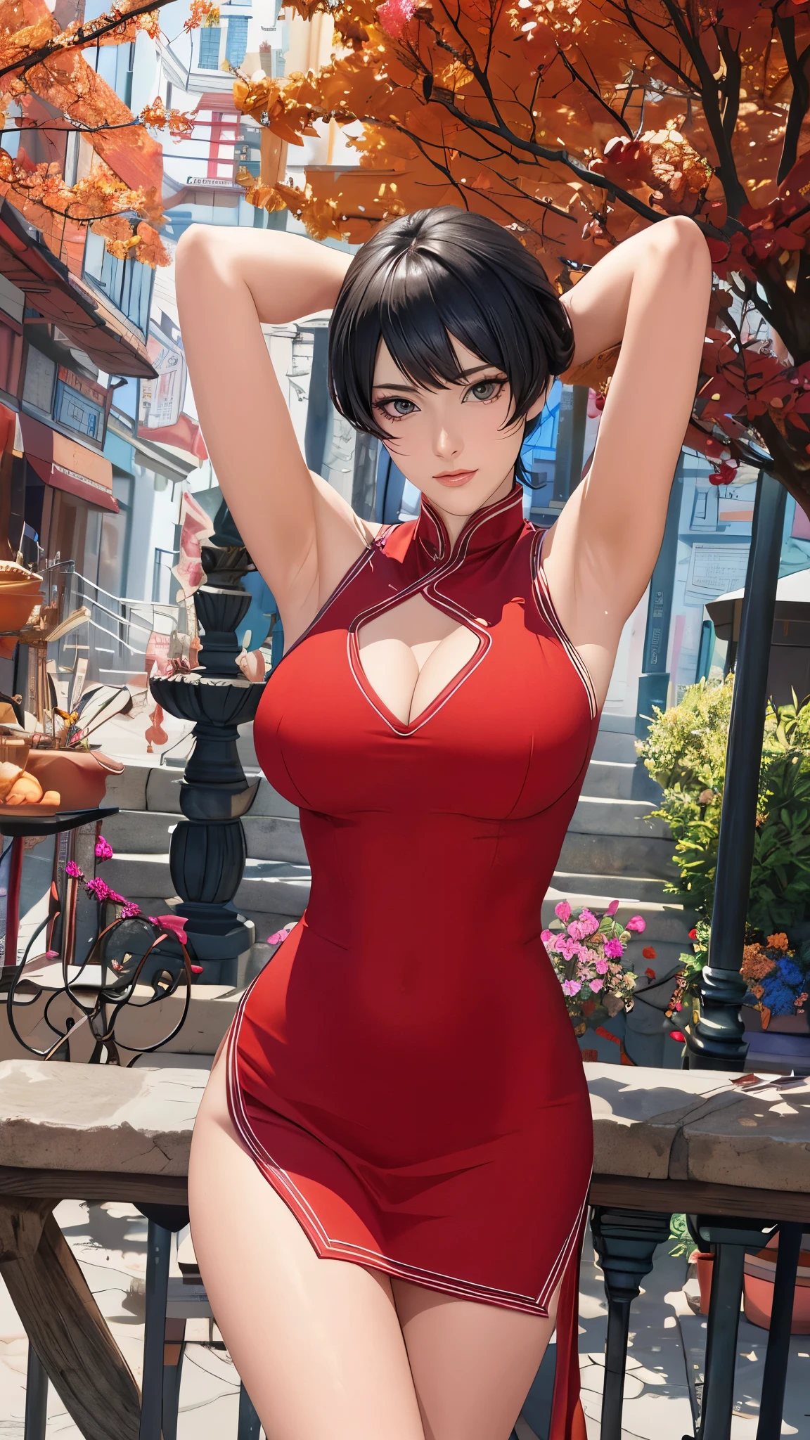 （（（Wearing a red slit cheongsam,（（（Kurotsuchi，short black hair，black pupils，Good-looking， ））），（（（wide hips））），S-shaped body:1.7））），((masterpiece)),high resolution, ((Best quality at best))，masterpiece，quality，Best quality，（（（ Exquisite facial features，looking at the audience,There is light in the eyes，lol，confidence ））），（（（Light and shadow interlace，huge ，cleavage））），（（（looking into camera，legs together，Put your hands behind your back，Slender and slender legs）））