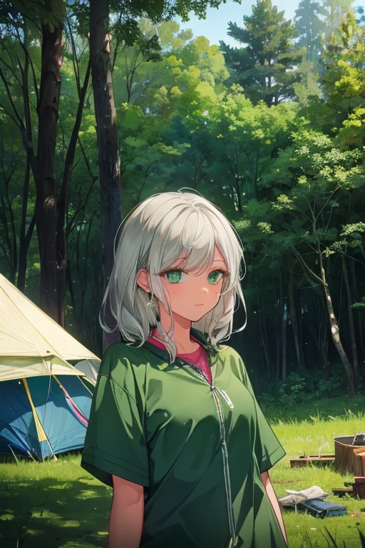 A silver haired young woman with green eyes is camping in the forest