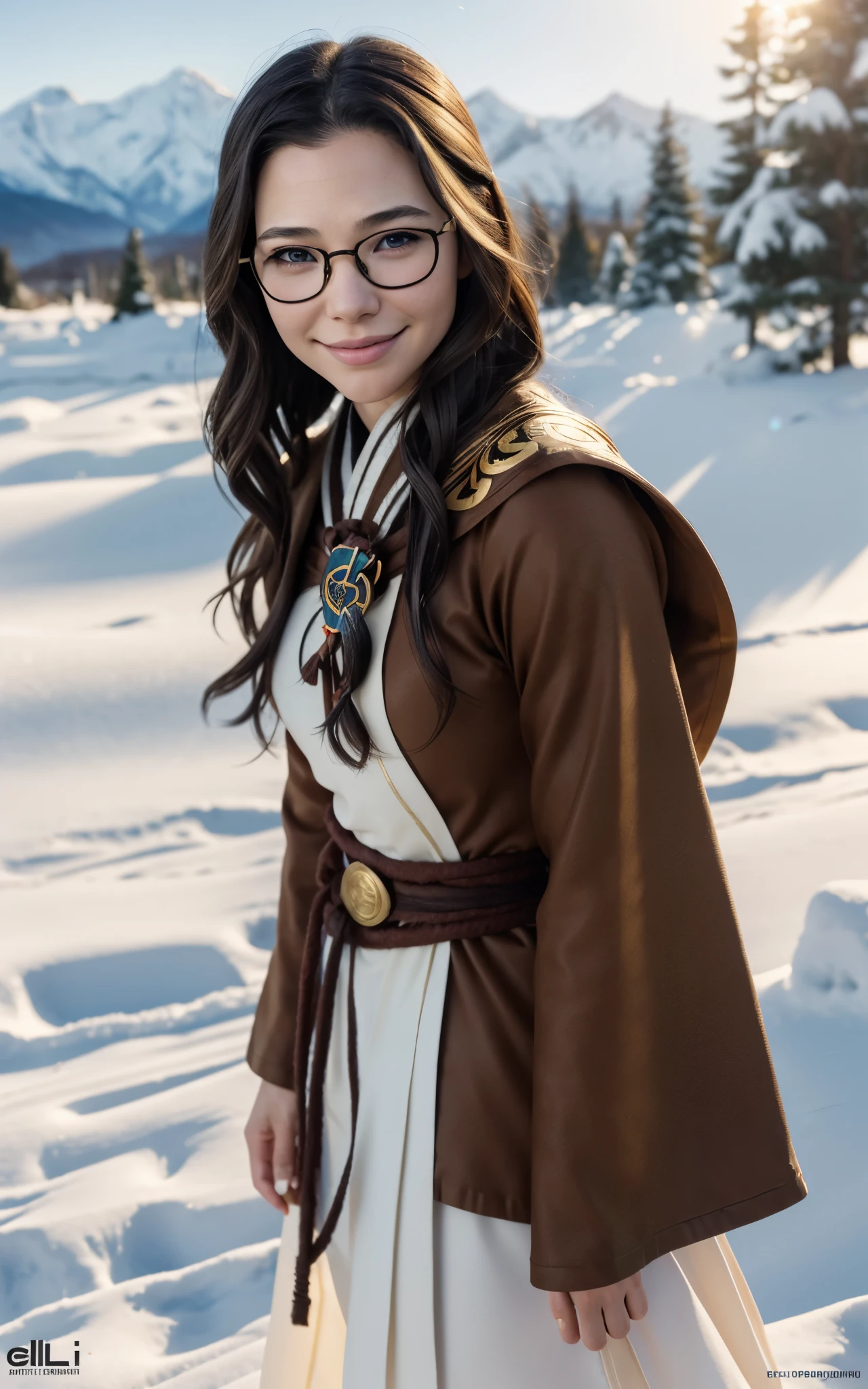 Young ainu woman with the face of (Gal Gadot:Evangeline Lilly), (looking at viewer, light smile, ), brown hair, brown eyes, long hair, hair_flying, Fluttering hair, flying_hair, ((Transparent glasses, glasses, glasses_on_nose)), ((traditional ainu clothes)), sexy, charming, stunning, enhance, delicate, (pale skin, real_skin), sunlight, Winter, snow, Hokkaido, outdoor, best quality, high quality, highres, 8k, photo realistic.
