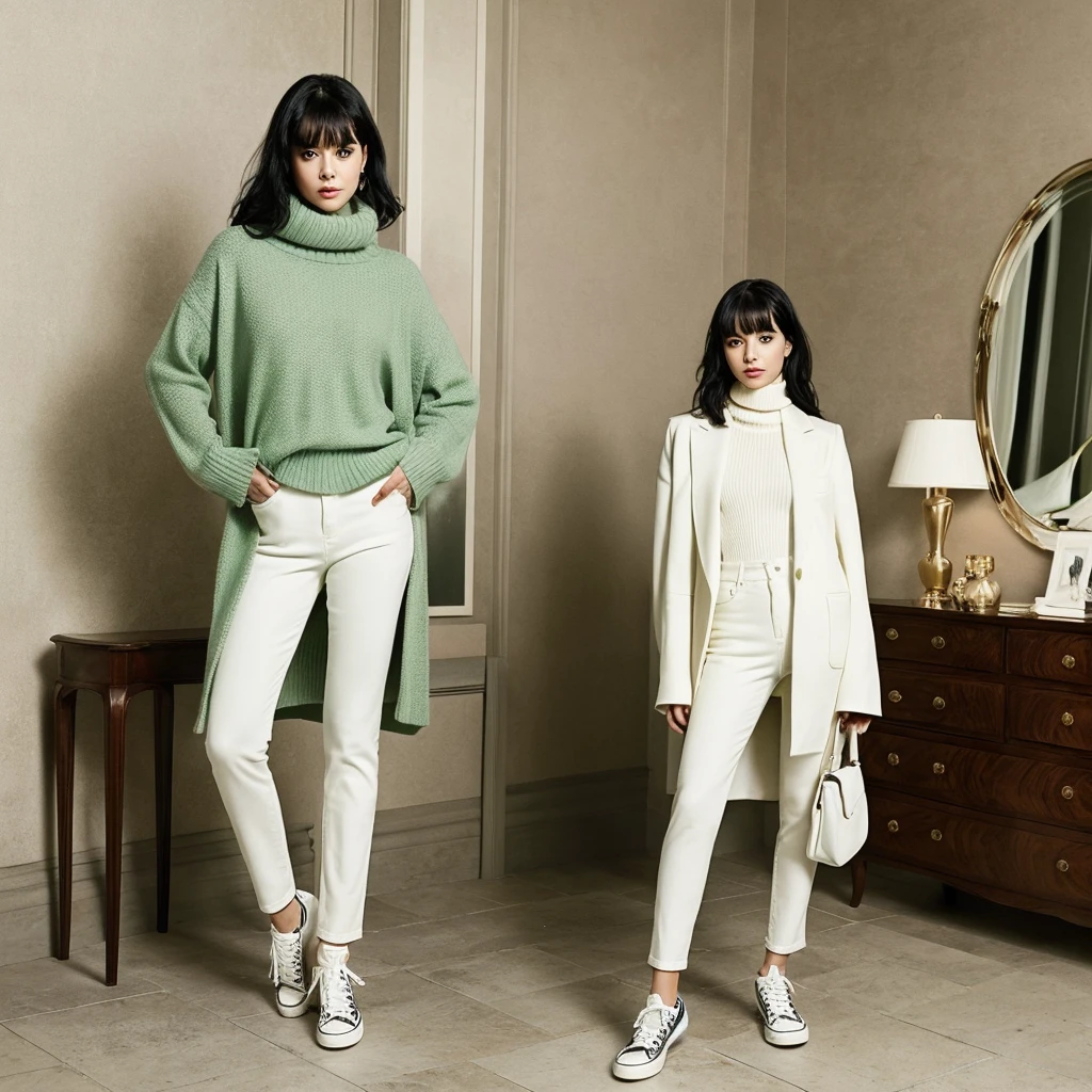 A woman in her early twenties featured in a fashion magazine. She proudly flaunts graceful and demure black hair with bangs that reach just above her eyes. The lustrous black hair further enhances her beauty. Her deep brown eyes are striking, reflecting an elegant, glamorous, and intellectually refined expression. The setting is a fashion studio, where she stands with crossed legs, striking a model pose. She is dressed in a white turtleneck sweater paired with a green Chester coat, 7/8-length jeans, white socks, and white Converse shoes. The illustration should capture her entire body."