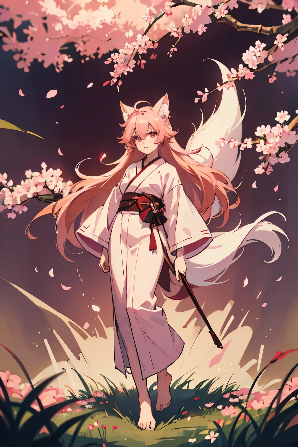 A young woman. She has pink hair. red eyes. She has fox ears and a fluffy long fox tail. She has a horizontal scar covering her left eye. She wears a white kimono with a cherry blossom pattern. Red eyes. pink hair. Full body. standing in a field of flowers. forest background. ultra high quality. masterpiece. barefoot.