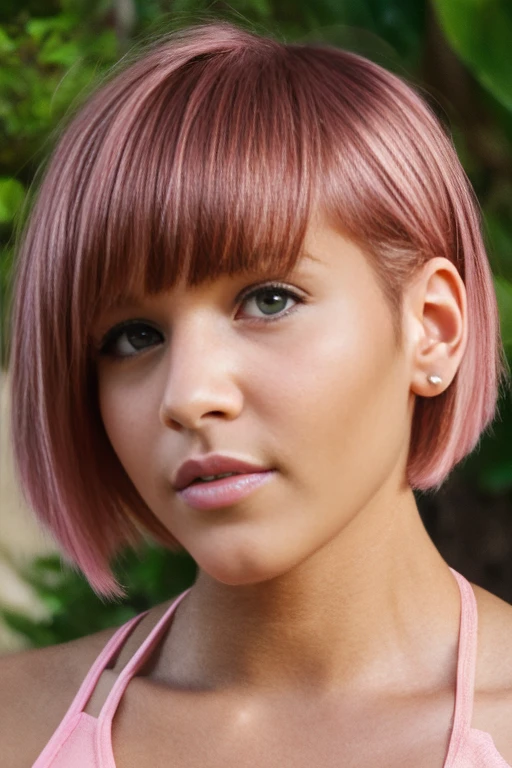 portrait of a pink hair realistic model::1 natural lighting::1 serious::1 natural features::1 35mm lens::1 global illumination::1 uplight::1 dof --ar 16:9 --q 2, sexy pose, light pink hair, (short bangs hair:1.36), detailed light yellow eyes, narrow waist, depth of field, 1girl, big nose, (full nose:1.3), (on a background:1.3), (full body), huge breasts, wide hips, athletic figure, ((thigh cutout)), (((dark brown skin))), oily skin,