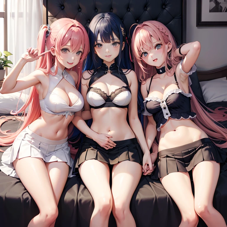 Harem、angle from below、Three girls are depicted、colorful hair、beautiful girl、highest quality、laughter、perfectly cropped face、masterpiece、High-definition images、The girl on the left is cosplaying as a police officer.、The girl in the middle is off shoulder、The girl on the right is wearing transparent clothes、The belly button is visible、cleavage exposure、Thigh emphasis、pleated mini skirt、Rooms with beds、Pants are visible