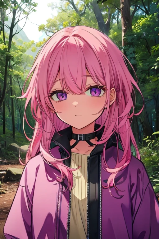 A  pink haired  woman with violet eyes is camping in the forest
