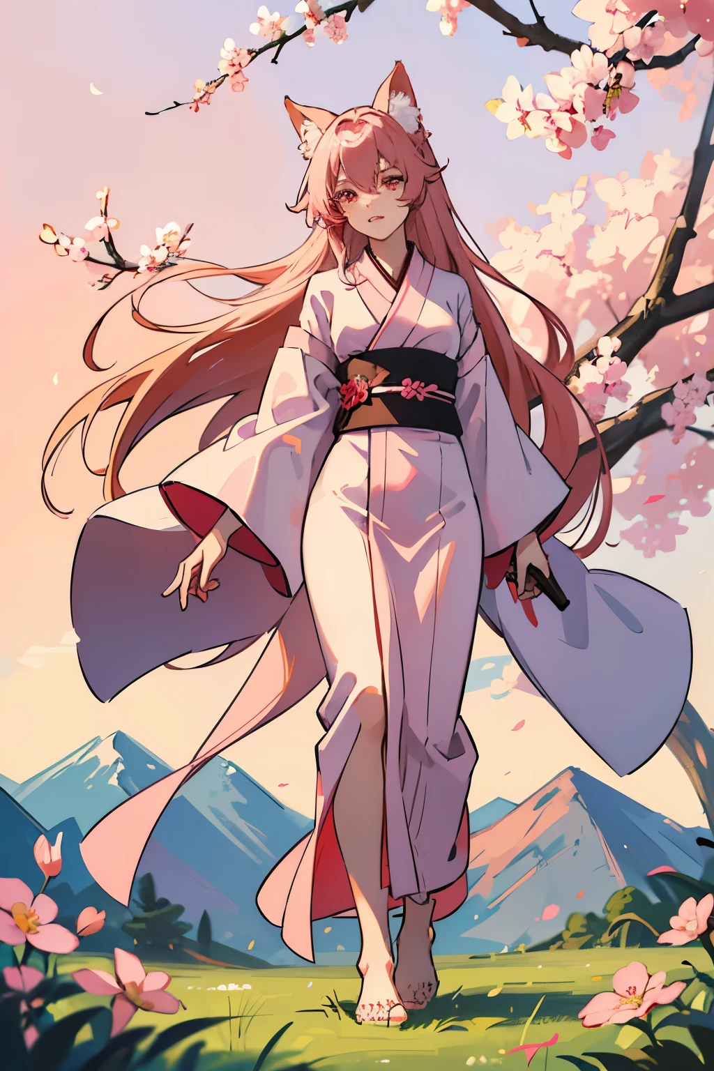 A young woman. She has pink hair. red eyes. She has fox ears and a fluffy long fox tail. She has a horizontal scar covering her left eye. She wears a white kimono with a cherry blossom pattern. Red eyes. pink hair. Full body. standing in a field of flowers. forest background. ultra high quality. masterpiece. barefoot.