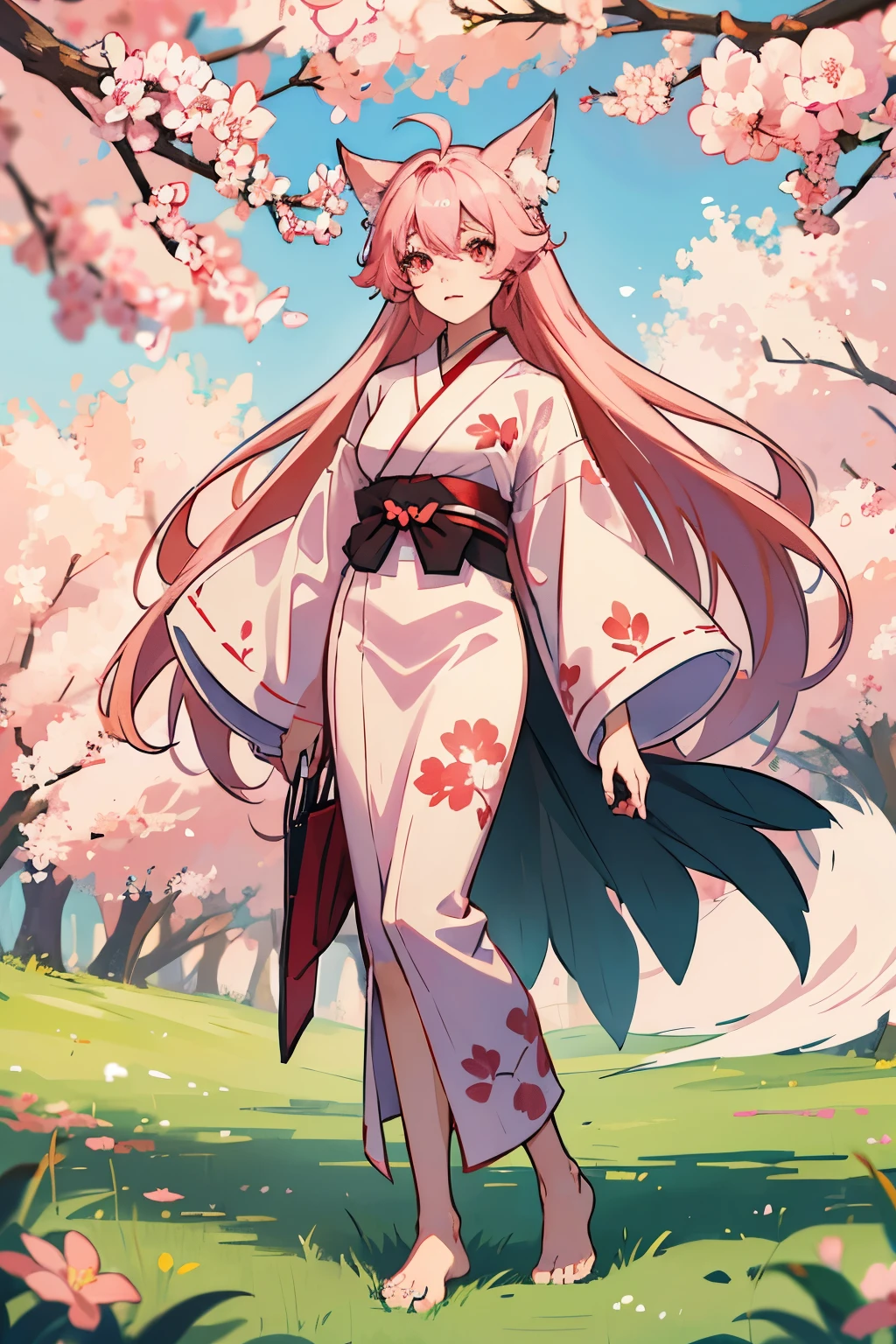 A young woman. She has pink hair. red eyes. She has fox ears and a fluffy long fox tail. She has a horizontal scar covering her left eye. She wears a white kimono with a cherry blossom pattern. Red eyes. pink hair. Full body. standing in a field of flowers. forest background. ultra high quality. masterpiece. barefoot.