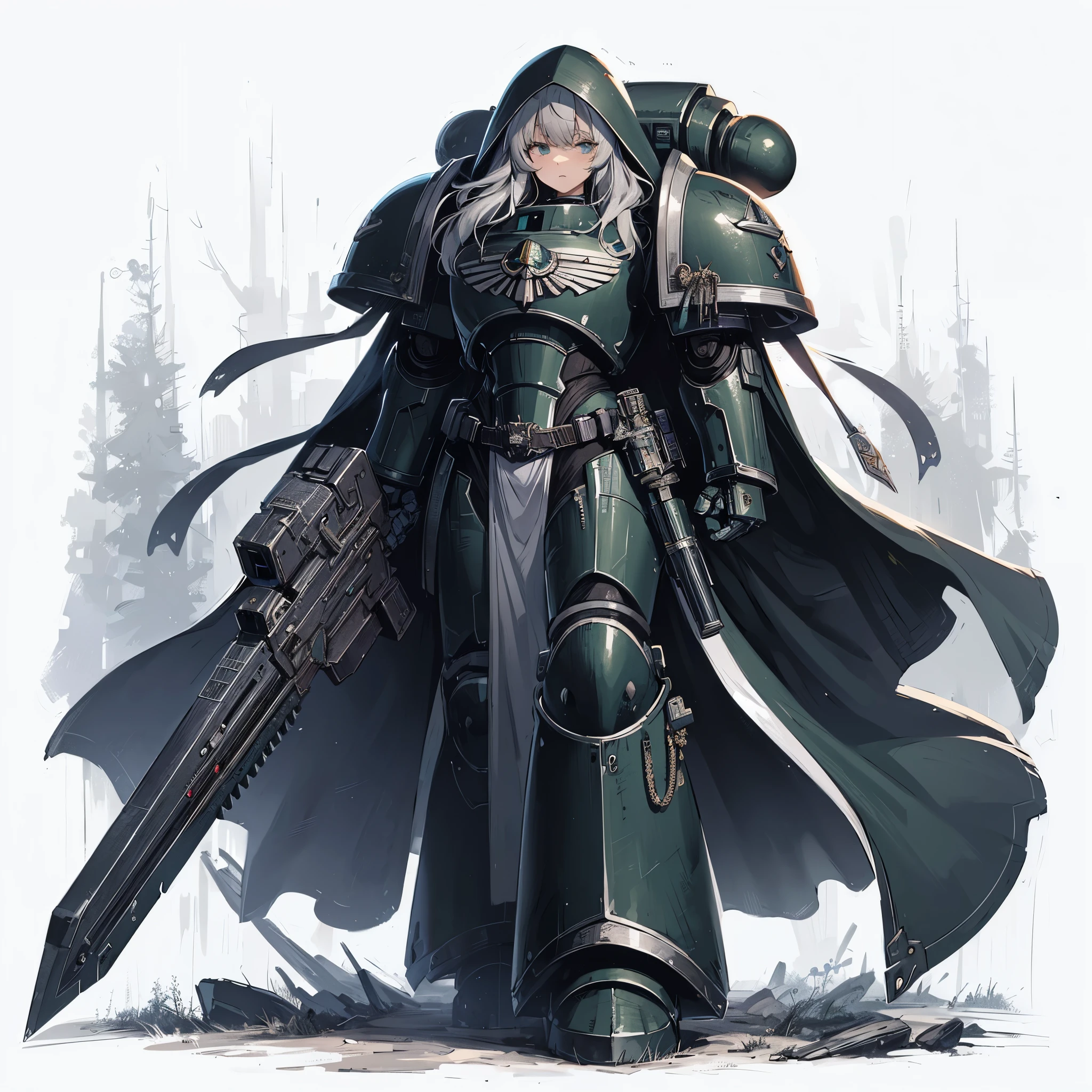 Masterpiece, best quality, ultra-detailed, anime style, solo, full body of space marine girl, dark green power armor with white trim, gray silver hairstyle, hooded and robe, held huge two-handed sword, standing on dark forest, Warhammer 40K,8k high resolution, trending art station, white background, whole body,