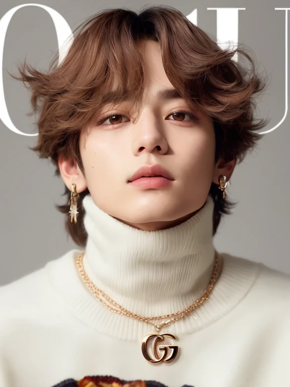 A close-up of a person wearing a sweater and necklace, taehyung comiendo papas fritas gucci, kpop idol portrait, de mi parte, euro, hyung tae, Jimin, glossy Magazine photo shoot, young pale angel, jungkook, Magazine photo shoot