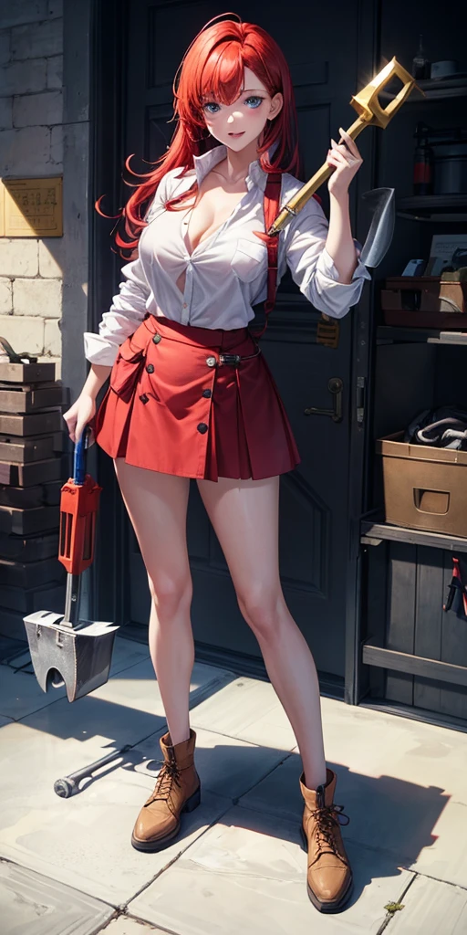 1girl, ((full body)), solo, white background, red hair, shoulder length hair, large breasts, button down shirt, ((white shirt)), ((unbuttoned shirt)), blue eyes, blue skirt, laugh, looking right, standng, golden necklate, ((holding a hammer and a toolbox))