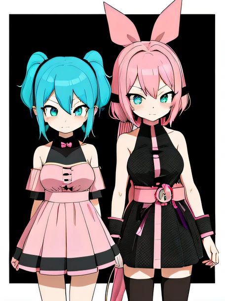 anime characters dressed in black and pink hair standing next to each other, modern anime style, flat anime style, anime styled 3d, anime style. 8k, two beautiful anime girls, stylized anime, very modern anime style, in anime style, anime styled, anime art style, pink twintail hair and cyan eyes, anime stylized