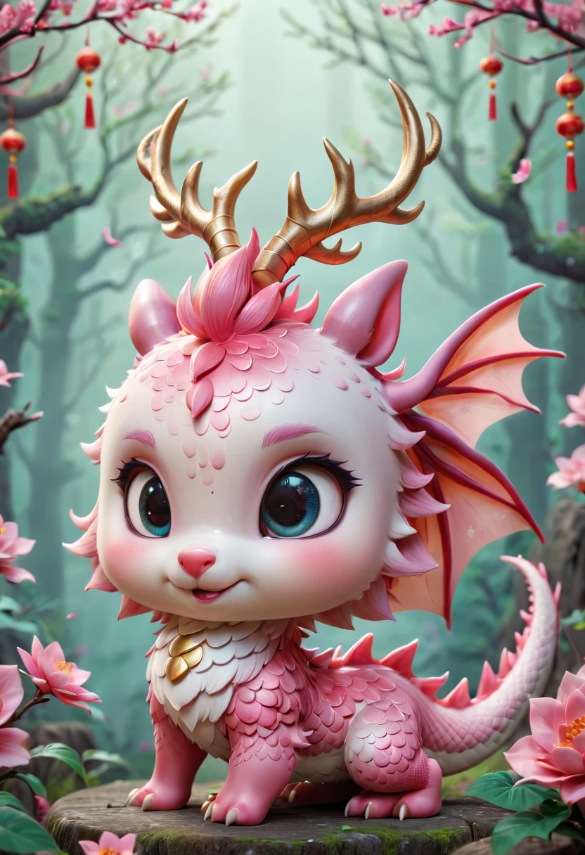 Q version，Cute little dragon，Chinese style，pink space，festive atmosphere，Spring Festival，Lovely antlers，Chinese elements，Cartoon，Cute pet，Lively