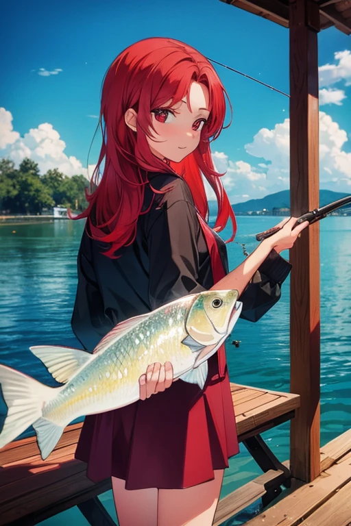 A red haired woman with red eyes is fishing on a dock