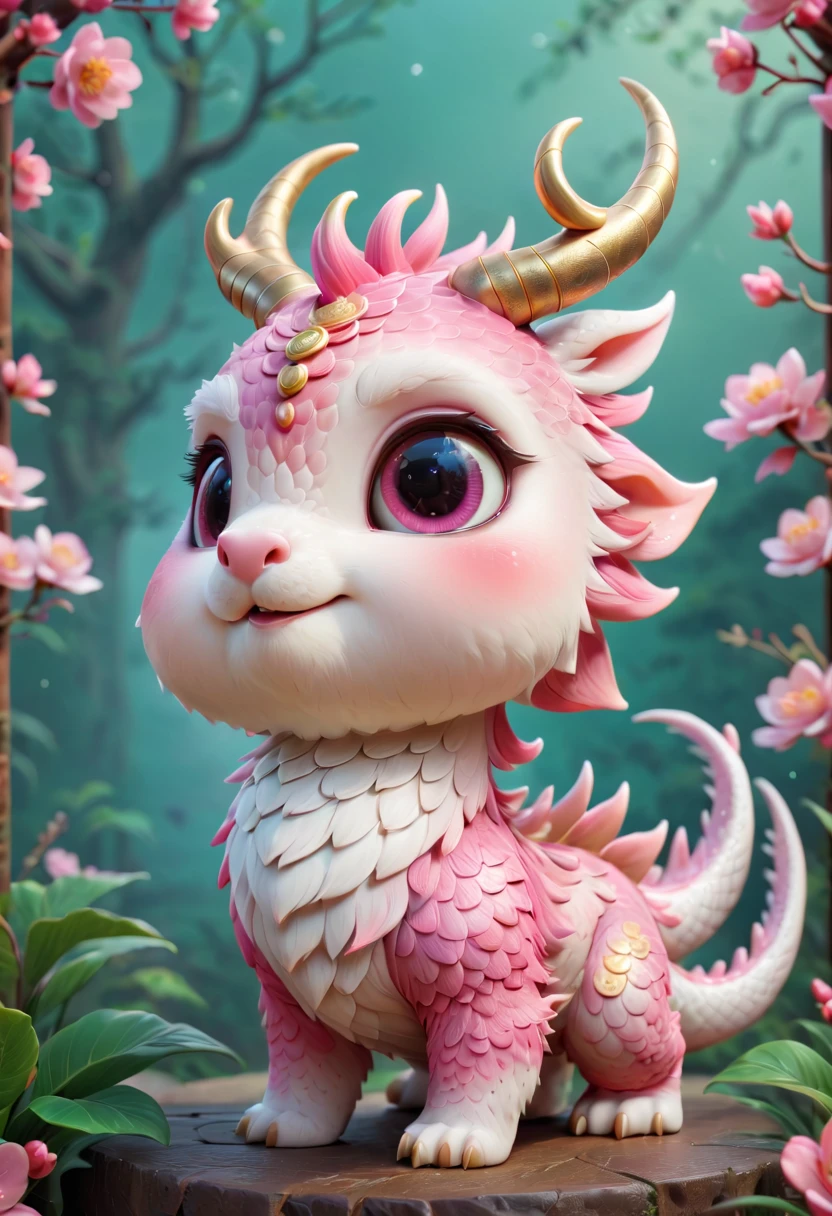 Q version，Cute little dragon，Chinese style，pink space，festive atmosphere，Spring Festival，Lovely antlers，Chinese elements，Cartoon，Cute pet，Lively