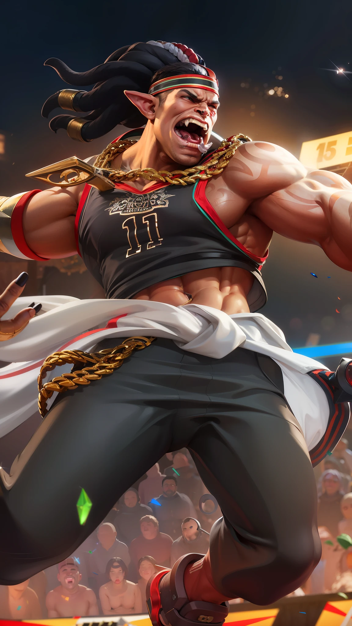 masculine male, masterpiece, ((perfect eyes)) best quality, (semirealism:1.9), beautiful lighting, (extremely detailed CG unity 4k fhd wallpaper), High Detail, Sharp focus, dramatic outdoors,40 years old, brown short hair, blue eyes, smile, Boy with two big horns, big earrings on ears, elf ear, red eyes, Thick eyebrows, evil smile, grinning,red body, red face, Burning skin, yellow diamonds glistening on chest, burning red skin,golden robe behind, big white belt , 8k , realistic, scary.