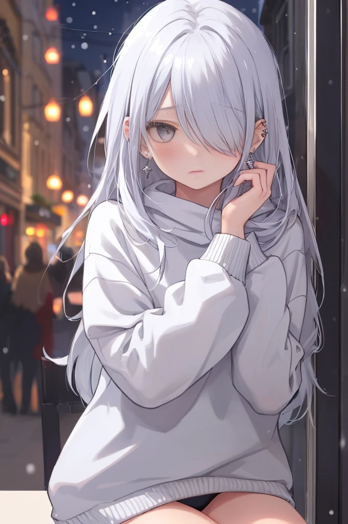 ((masterpiece:1.4, best quality:1.2)), 1girl, solo focus, beautiful skin, blush, white sweatshirt, long white hair, grey eyes, sitting, earrings, Hands on face, piercing, coffee shop window, night, snowing, cityscape, tall female, beautiful and delicate female, comfy ambience, {correct posing}, {detailed background}, I'm not wearing panties, hair over one eye, shy, Not wearing underwear