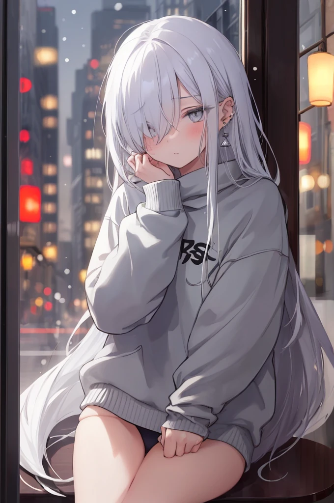 ((masterpiece:1.4, best quality:1.2)), 1girl, solo focus, beautiful skin, blush, white sweatshirt, long white hair, grey eyes, sitting, earrings, Hands on face, piercing, coffee shop window, night, snowing, cityscape, tall female, beautiful and delicate female, comfy ambience, {correct posing}, {detailed background}, I'm not wearing panties, hair over one eye, shy, Not wearing underwear
