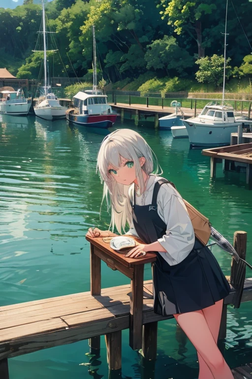 A silver haired young woman with green eyes is fishing on a dock
