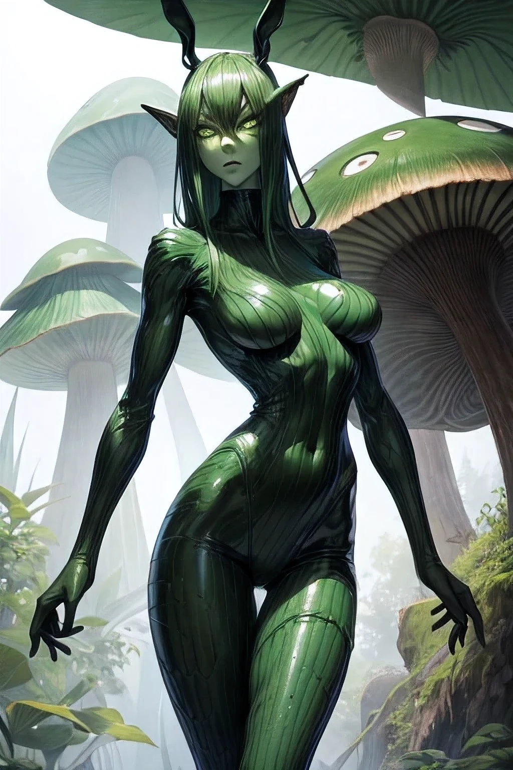 Large humanoid with green skin and long legs., a cunning and sinister look and big ears with green eyes stands near a large mushroom. Astronauts stand and look at the creature. Close-up of face.

