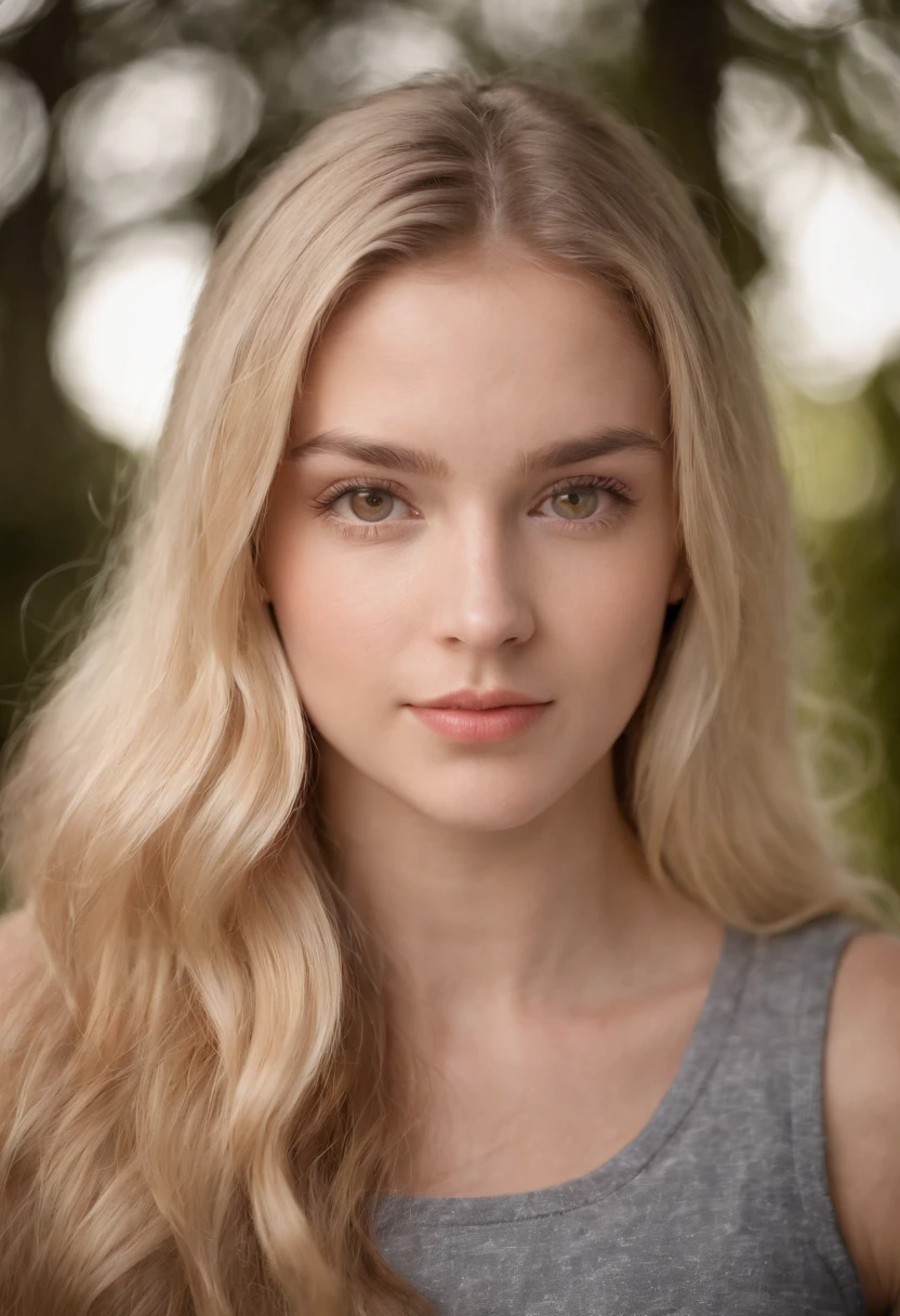 A photorealistic portrait of a 21-year-old american girl with long, flowing blond hair and brown eyes. She should have a natural, approachable expression. Capture this image with a high-resolution photograph using an 85mm lens for a flattering perspective, playing tennis
