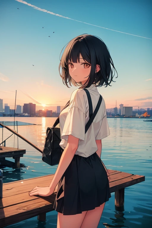 a black haired woman with orange eyes is fishing on a dock