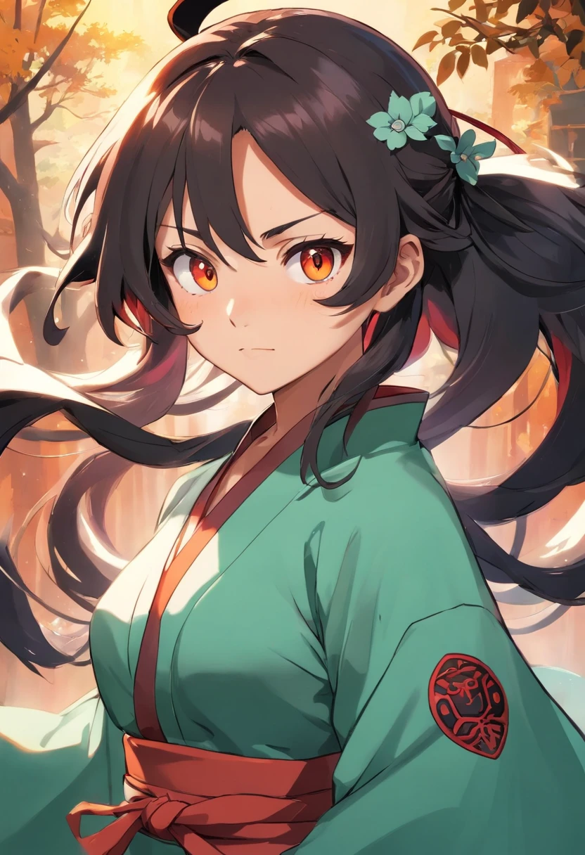 Demon Slayer anime art style Female character With characteristics: cor da pele: branca Cor do cabelo: Castanho longo e ondulado Cor dos olhos: Castanhos claros Traje: uniforme baseado em Demon Slayer Arma: Katana Altura: 1,65