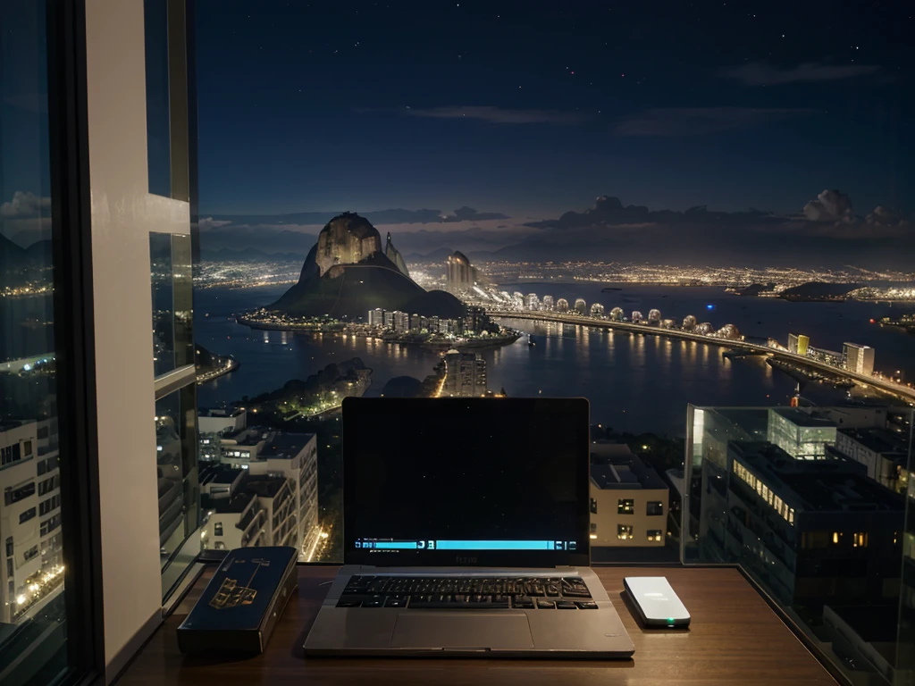 Laptop in a cozy place, windows overlooking Sugarloaf Mountain in Rio de Janeiro at night, presenting on the screen a cybernetic and elegant HUD interface