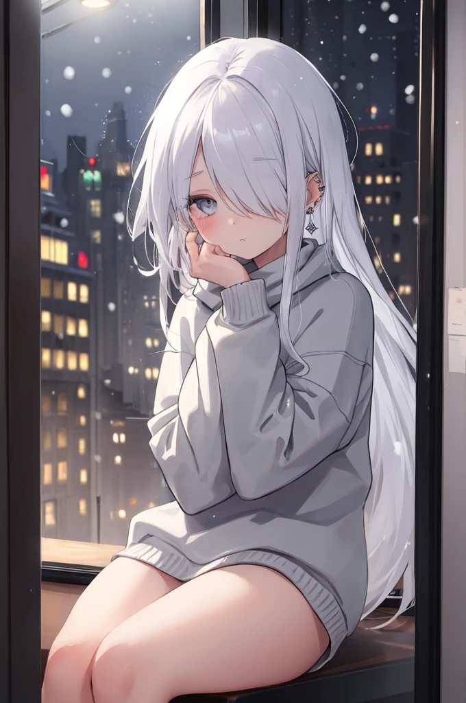 ((masterpiece:1.4, best quality:1.2)), 1girl, solo focus, beautiful skin, blush, white sweatshirt, long white hair, grey eyes, sitting, earrings, Hands on face, piercing, coffee shop window, night, snowing, cityscape, tall female, beautiful and delicate female, comfy ambience, {correct posing}, {detailed background}, I'm not wearing panties, hair over one eye, shy, Not wearing underwear