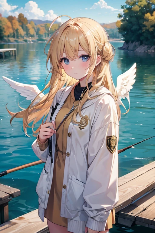 A golden haired female angel with hazel eyes and ivory wings if fishing on the dock