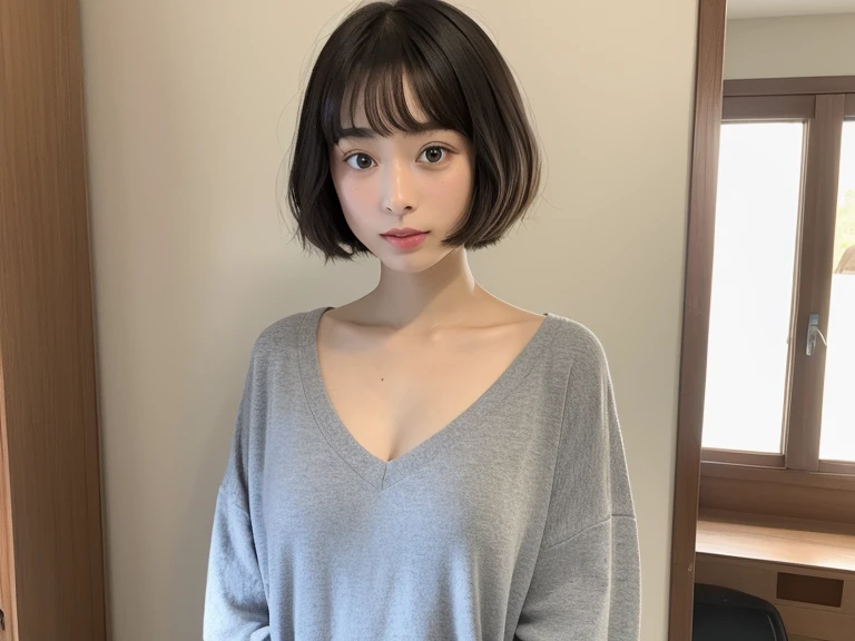 A face like Suzu Hirose、looking at the viewer、The expression of looking at the person you like、Stylish room、16 year old girl、After taking a bath、wear oversized clothes、C cup breast bulge、bob hairstyle