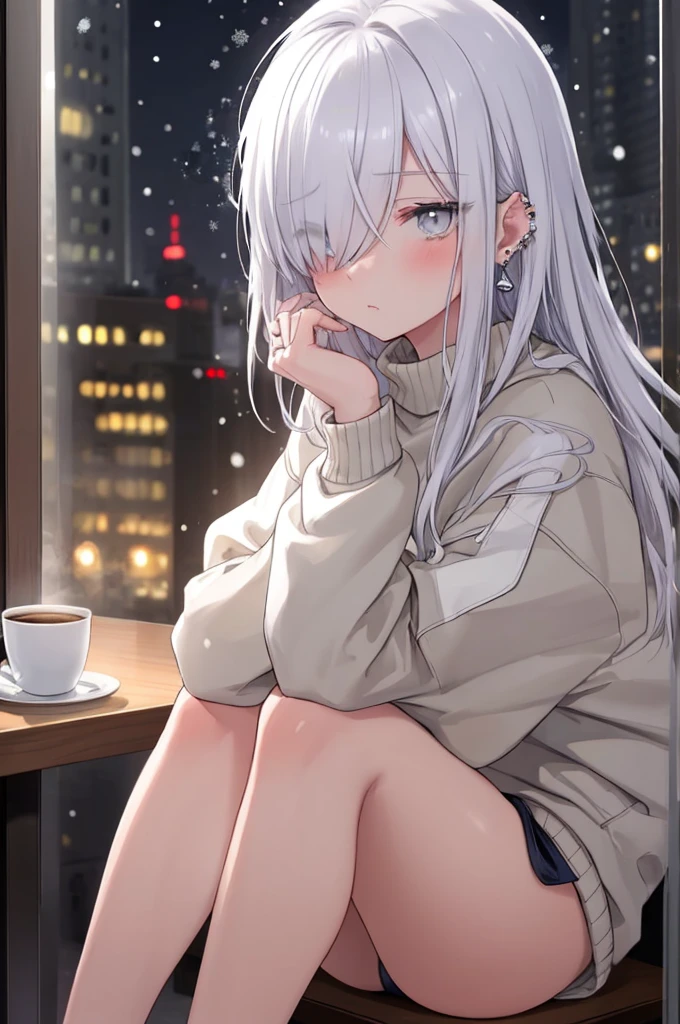((masterpiece:1.4, best quality:1.2)), 1girl, solo focus, beautiful skin, blush, white sweatshirt, long white hair, grey eyes, sitting, earrings, Hands on face, piercing, coffee shop window, night, snowing, cityscape, tall female, beautiful and delicate female, comfy ambience, {correct posing}, {detailed background}, I'm not wearing panties, hair over one eye, shy, Not wearing underwear