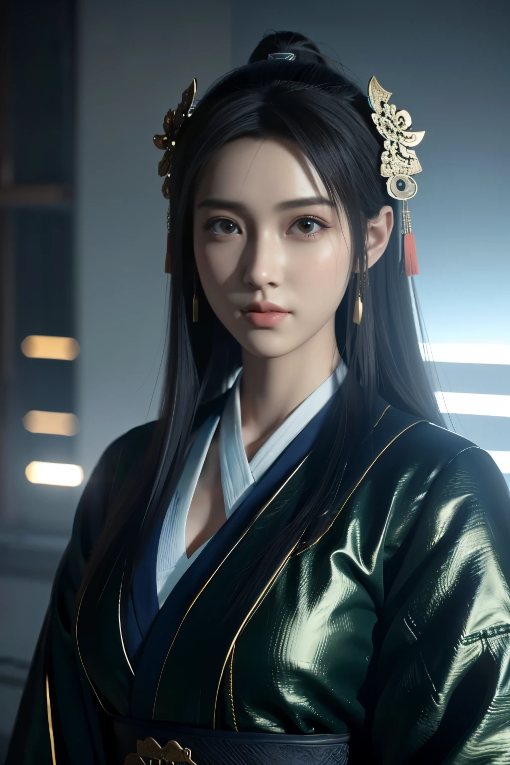 Game art,The best picture quality,Highest resolution,8K,(A bust photograph),(Portrait),(Head close-up),(Rule of thirds),Unreal Engine 5 rendering works, (The Girl of the Future),(Female Warrior),
少女,(The generals of ancient China),An eye rich in detail,(Big breasts),优雅高贵,冷漠,勇敢的,
(Wearing ancient Chinese cloth,Chinese Hanfu,Costumes of the Tang Dynasty,Costumes are rich in detail,Simple shades),中国人物,奇幻风格,
拍照姿势,野外背景,Movie lights,Ray tracing,Game CG,((3D Unreal Engine)),oc渲染反射纹