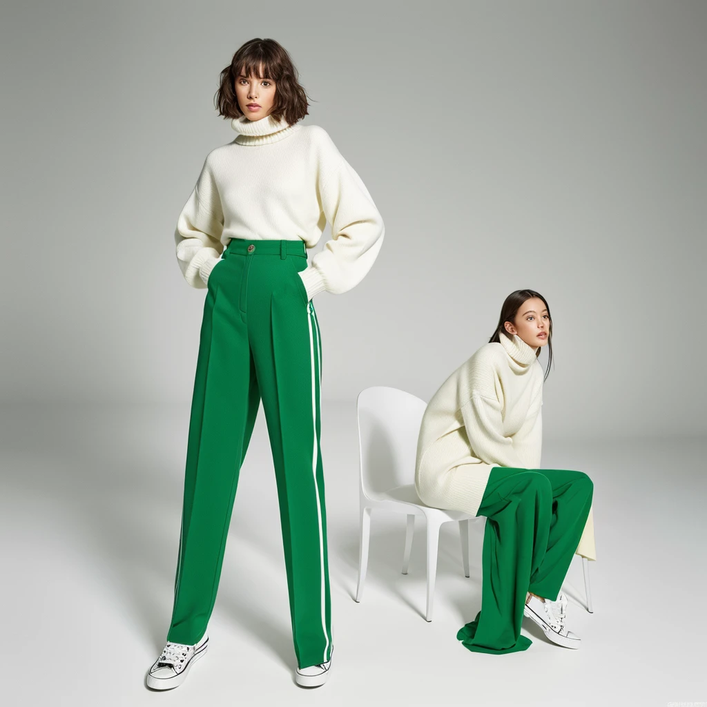 The setting is a fashion studio, where she stands with crossed legs, striking a model pose. She is dressed in a white turtleneck sweater paired with a green Chester coat, 7/8-length jeans, white socks, and white Converse shoes. The illustration should capture her entire body.”
