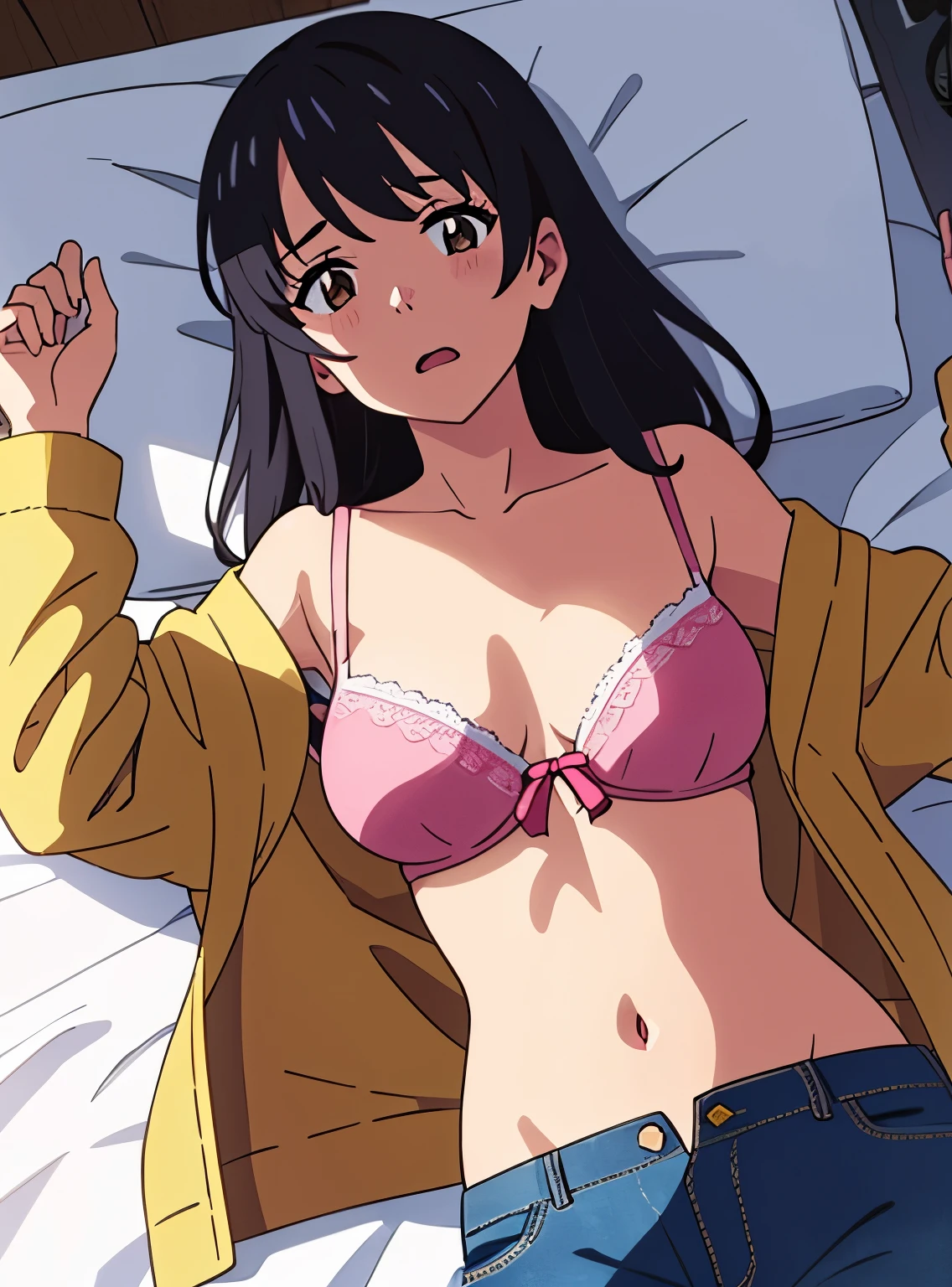 shinkai makoto, kimi no na wa., 1girl, bangs, bed sheet, black hair, blush, breasts, medium breast, brown eyes, red bow, short hair, solo, upper body, white long sleeve shirt, open shirt, unbuttoned, medium breast, white bra open mouth, cowboy shot, groin, lying, medium breasts, on back, vagina, bedroom,