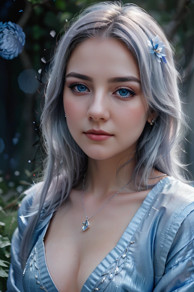 nighttime lateral view a 18-year-old maiden with blue eyes, pale skin, white hair, set of silver jewelry, blue robes with silver embroidery glides flowing in weightlessness, encapsulated by clouds, a blue flower petals and glowing white fireflies in synchronized flight around her, conveying a dynamic sense of airborne motion, captured in mid-flight, volumetric lighting casting soft shadows, creating a feeling of ascension, digital painting, ultra detailed, breathtaking surreal masterpiece, half smile, perfect face, perfect eyes, moon, stars, glowing look, ethereal and dreamlike, make-up-free.