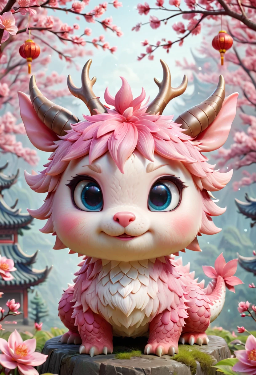 Q version，Cute little dragon，Chinese style，pink space，festive atmosphere，Spring Festival，Lovely antlers，Chinese elements，Cartoon，Cute pet，Lively