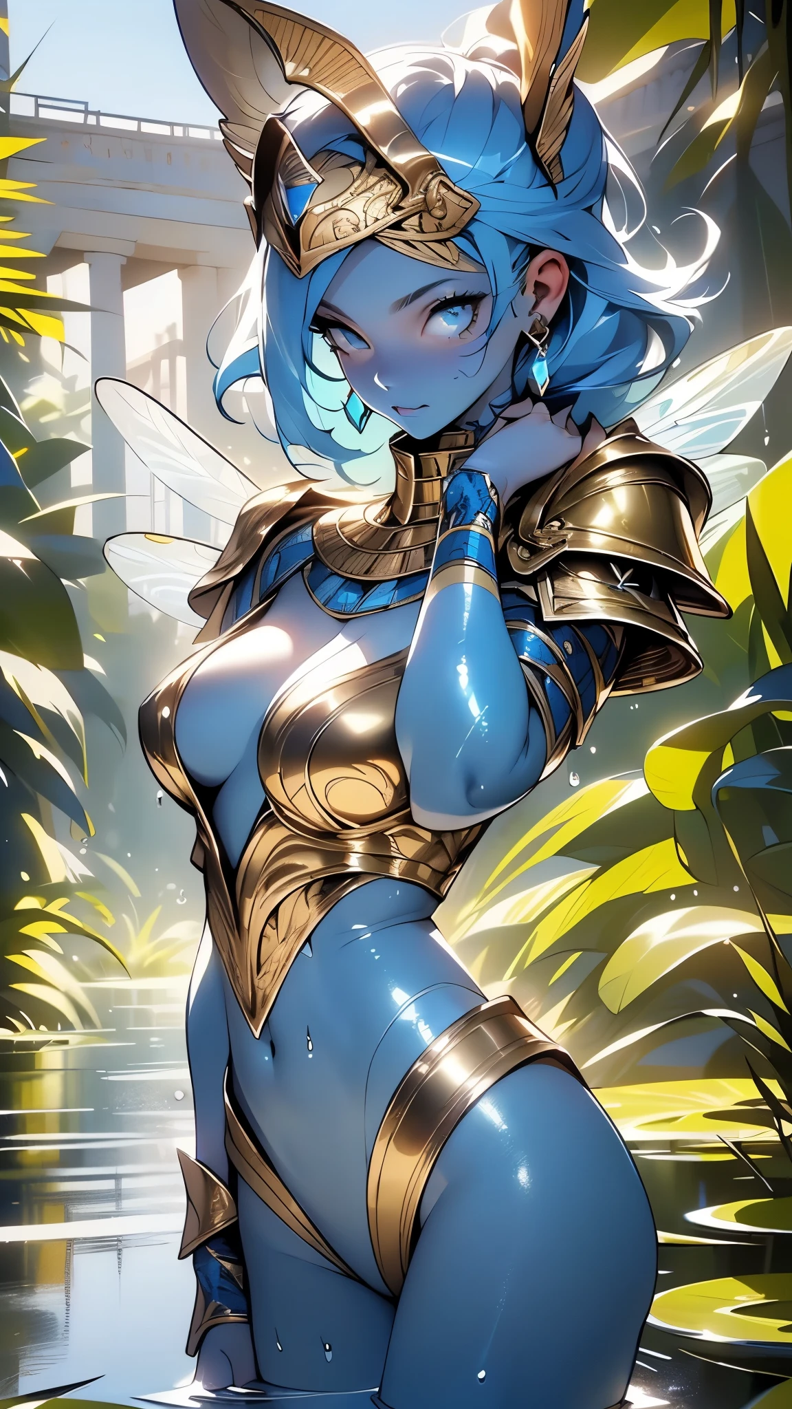 girl slime from ancient Egypt,1girl,monstergirl,goddess from ancient Egypt,female,((milf,mom,mature,mature woman,45 years old female,adult)),

((((slime girl, blue body, blue face, completely blue skin, completely blue slime, completely see-through body and skin, blue slime,slimes,translucent skin,water drop,bubble)))),(large breasts:1.4),saggy breasts,((((slime hair)))),(((blue_eyes:1.3))),intricate eyes,beautiful detailed eyes,symmetrical eyes,big eyes:1.5,(((lustrous skin:1.5,bright skin: 1.5,shiny skin,very shiny skin,shiny body))),(spider lower abdomen,narrow waist,wide hip,athletic body,inflated legs,thick thighs,bimbo body,(detailed face)),navel,uncensored,beautiful detailed lips,((huge dragonfly wings:1.2)),(((intricate wings))),

cute,slutty,sensual,seductive look,seductive,((erotic)),opulent,sumptuous,(nsfw),

(((very tiny armor:1.3))),((Anubis Spartan Helmet))

dynamic pose,looking at viewer,embarrassed,centered,scale to fit dimensions,Rule of thirds,

outdoors,(egyptian palace,egyptian palace background),scenery,(oasis,oasis background),extremely scenery,(puddles everywhere,moss,,moss on the background),clouds,Egypt style,Egypt castle,lily pads, reeds,sunset, golden hour),

(Glossy Egyptian ornaments),highres,sharp focus,(ultra detailed,extremely detailed),(photorealistic artwork:1.37),(extremely detailed CG unity 8k wallpaper),(((vibrant colors,vibrant theme))),(intricate),(masterpiece),(best quality),
