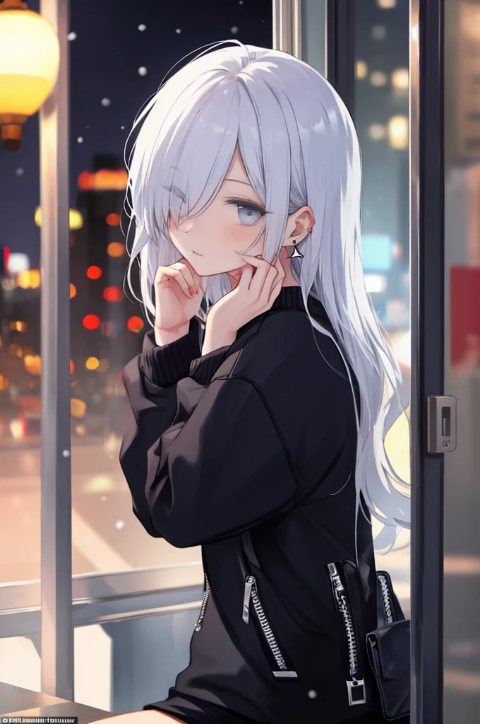 ((masterpiece:1.4, best quality:1.2)), 1girl, solo focus, beautiful skin, blush, white sweatshirt, long white hair, grey eyes, sitting, earrings, Hands on face, piercing, coffee shop window, night, snowing, cityscape, tall female, beautiful and delicate female, comfy ambience, {correct posing}, {detailed background}, I'm not wearing panties, hair over one eye, shy, Not wearing underwear